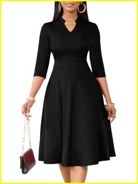 Women's Casual Fit & Flare Dress Stand Collar 3/4 Sleeve Midi Church Dress